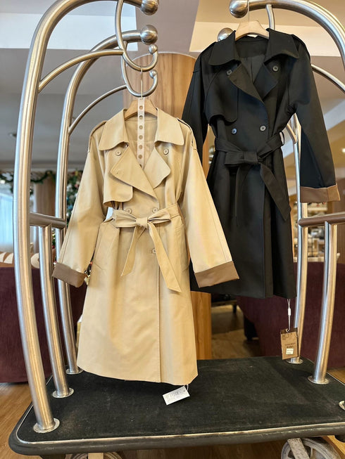 Women Double Breasted Collar Down Color Contrast Trench Coat